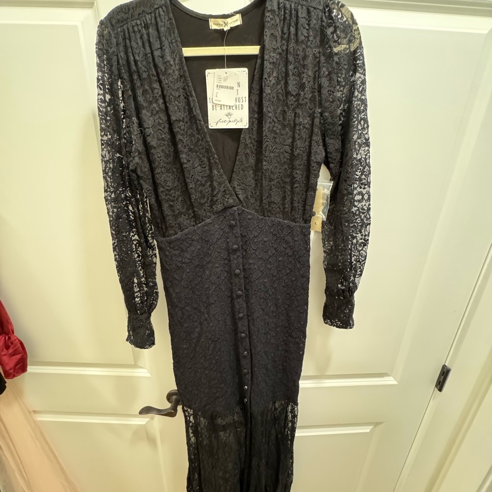 Free People Black Lace V-Neck Dress